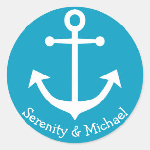 Sticker Rond Ancre de Navire Nautique Bleu Turquoise Mariage