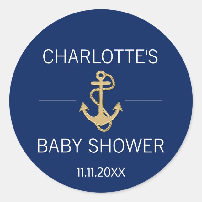 Sticker Rond Ancre d'or bleu marine BABY SHOWER blanc (Devant)
