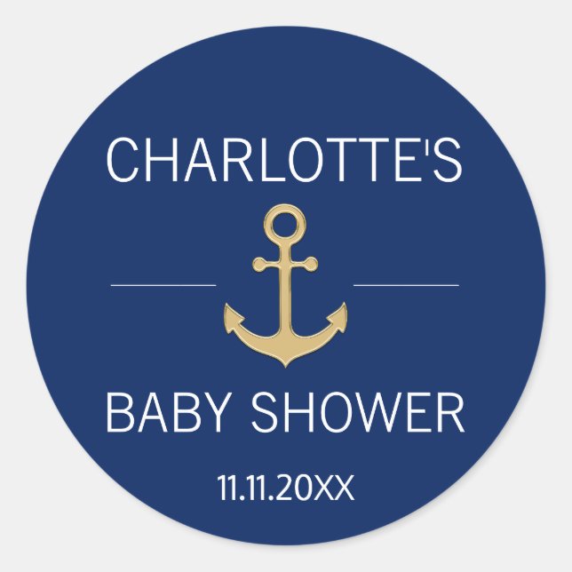 Sticker Rond Ancre d'or bleu marine BABY SHOWER blanc (Devant)