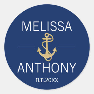 Sticker Rond Ancre d'or bleu marine Mariage blanc