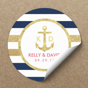 Sticker Rond Ancre d'or La Marine Stripes Mariage Nautique Fave