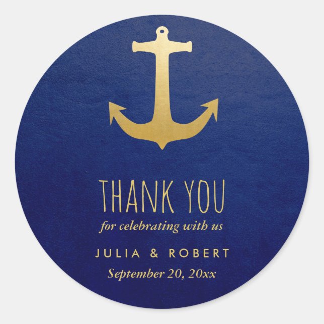 Sticker Rond Ancre Mariage Merci  Blue Faux Gold (Devant)