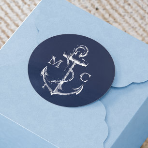 Sticker Rond Ancre marine bleu marine Monogramme