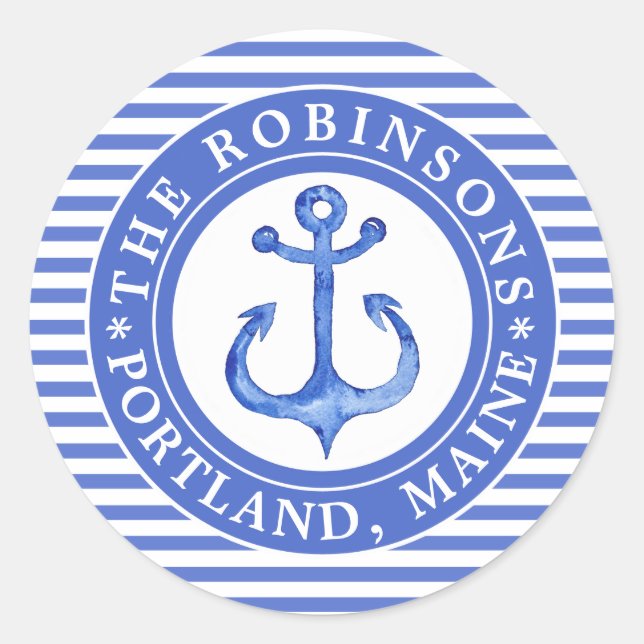 Sticker Rond Ancre Naautique Bleu Marine Personnalisée (Devant)