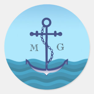 Sticker Rond Ancre nautique avec double monogramme