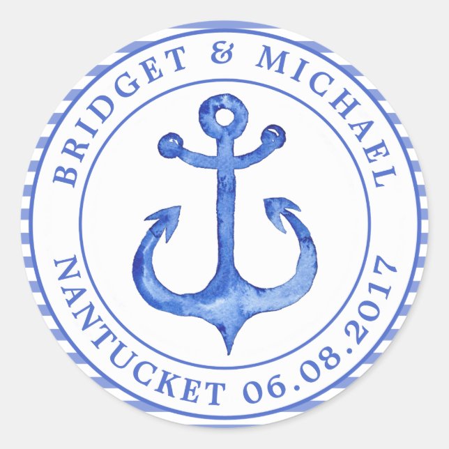 Sticker Rond Ancre nautique - Bleu marine rayé Personnalisé (Devant)