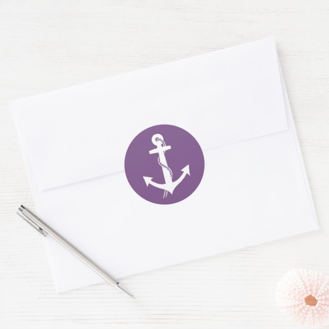 Sticker Rond Ancre nautique chic violet et blanc  (Enveloppe)