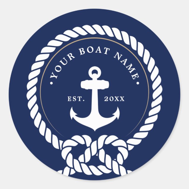 Sticker Rond Ancre nautique et corde Nom du bateau Marine Bleu  (Devant)