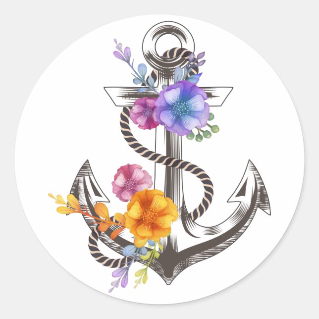 Sticker Rond Ancre nautique Floral (Devant)