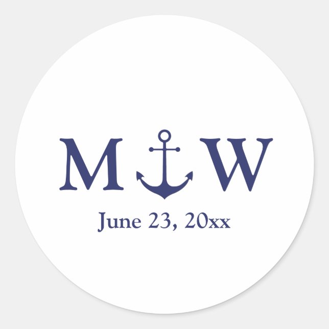Sticker Rond ancre nautique mariage marine bleu blanc monogramm (Devant)