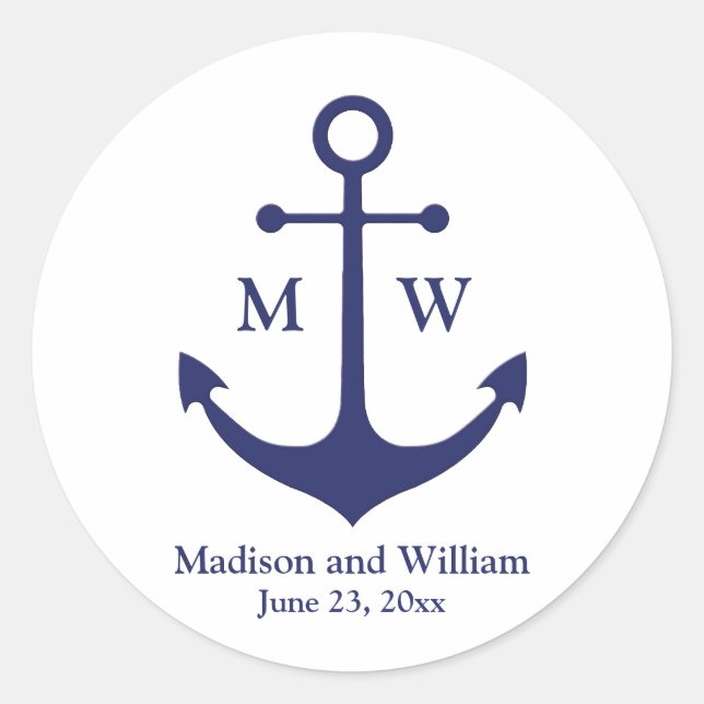 Sticker Rond Ancre nautique marine blanche monogramme personnal (Devant)