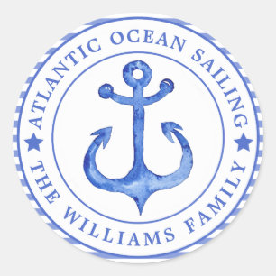 Sticker Rond Ancre nautique Marine Bleu rayé Personnalisé