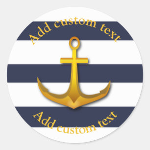 Sticker Rond Ancre nautique or Marine Mariage bleu et blanc