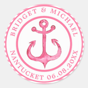 Sticker Rond Ancre nautique - Rose chaud rayé personnalisé