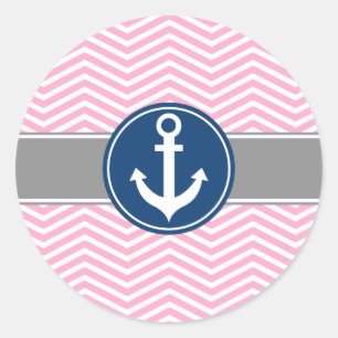 Sticker Rond Ancre nautique rose Chevron