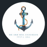 Sticker Rond Ancre nautique Turquoise Beach Wedding Favor<br><div class="desc">Ancrage nautique design mariage faveurs autocollants pour votre mariage de plage. Customisé avec les noms et la date du mariage - parfait pour vos faveurs de mariage ou pour être utilisé comme autocollants de scellés d'enveloppe. Visitez notre magasin pour voir tous les produits de coordination dans cette conception de mariage...</div>