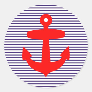Sticker Rond Ancre rouge avec les rayures bleues de marin