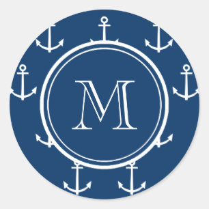 Sticker Rond Ancres bleu marine Motif, votre monogramme