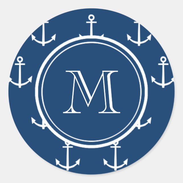 Sticker Rond Ancres bleu marine Motif, votre monogramme (Devant)