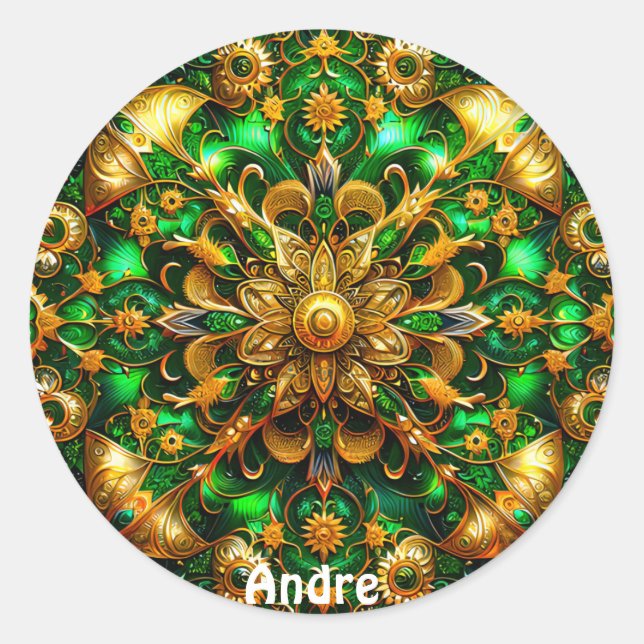 Sticker Rond ANDRE ~ Jour vert brillant et Noël or ~ (Devant)