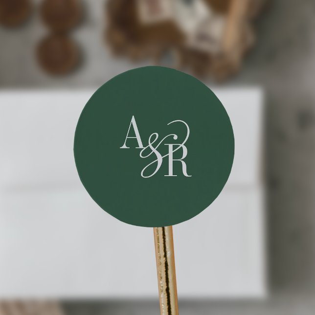 Sticker Rond ANDREA Monogramme de mariage moderne simple vert f (ANDREA Dark Green Modern Simple Wedding Monogram Classic Round Sticker)