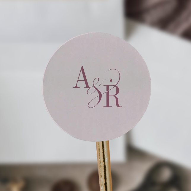 Sticker Rond ANDREA Monogramme Mariage Simple Rose Bourgogne (ANDREA Burgundy Blush Pink Simple Wedding Monogram Classic Round Sticker)