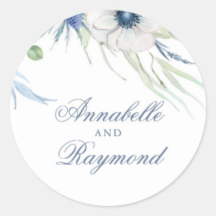 Sticker Rond Anemone Chardon naturel Dusty bleu aquarelle