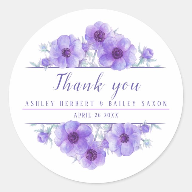 Sticker Rond Anémone violet aquarelle mariage favoritisme autoc (Devant)