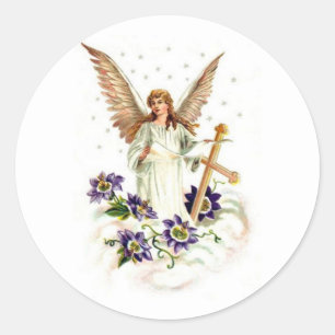 Sticker Rond Ange avec croix et fleurs de clématite