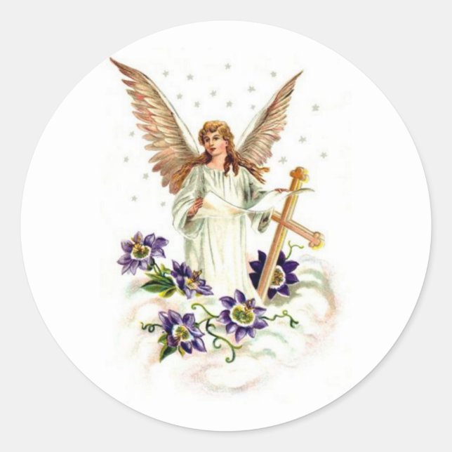 Sticker Rond Ange avec croix et fleurs de clématite  (Devant)