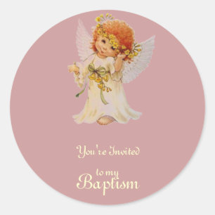 Sticker Rond Ange Baptême avec ailes et couronne fleurie