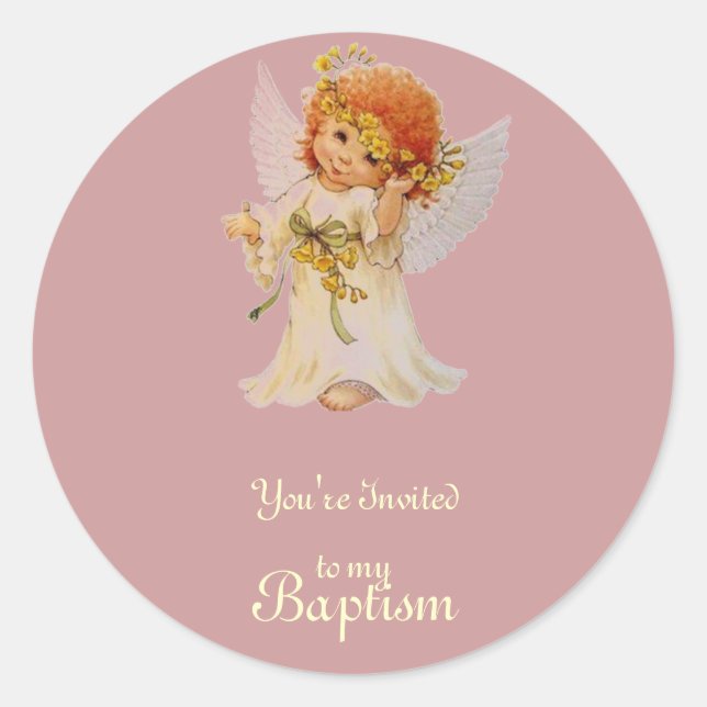 Sticker Rond Ange Baptême avec ailes et couronne fleurie (Devant)