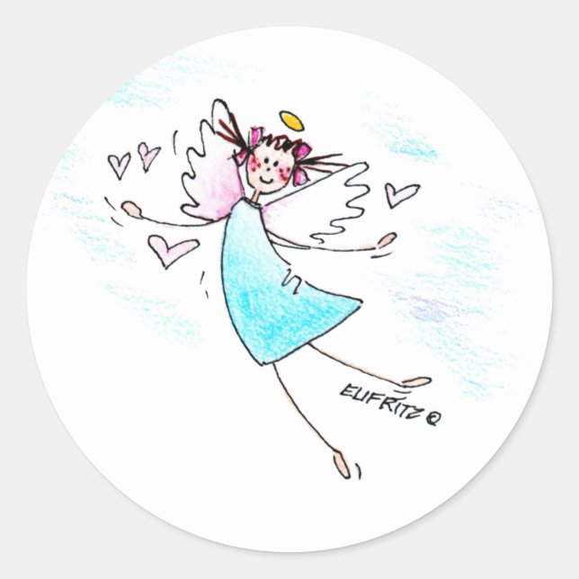 Sticker Rond Ange bleu souriant portant des coeurs d'amour (Devant)