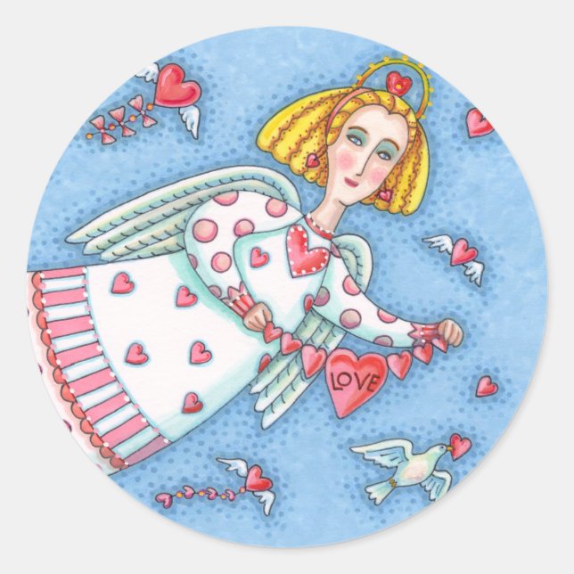 STICKER ROND ANGE D'ART FOLK, CHAT ET COEURS DE VOL (Devant)