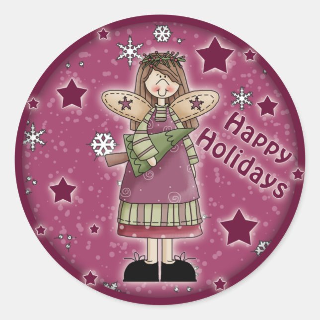Sticker Rond Ange de Noël avec arbre de Noël (Devant)