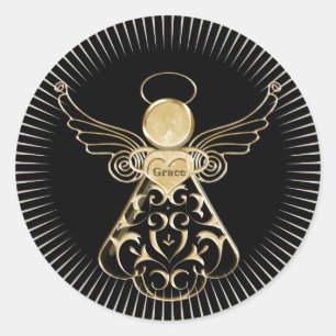 Sticker Rond Ange de Noël de noir en filigrane et d'or de grâ