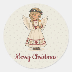 Sticker Rond Ange de Noël nordique avec bougie pour fête de fin