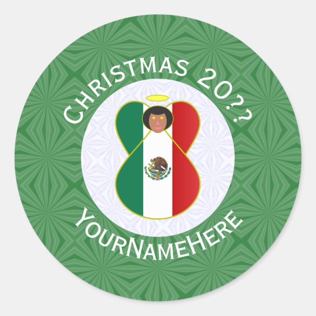 Sticker Rond Ange de Noël personnalisé avec drapeau mexicain (Devant)