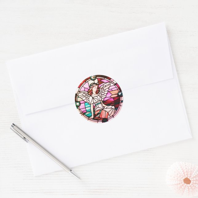 Sticker Rond Ange de Noël Vitrail rouge Fenêtre (Enveloppe)