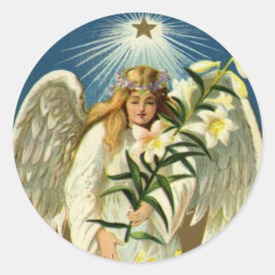 Sticker Rond Ange de Pâques vintage, Agneau, Fleur Lily, Star d