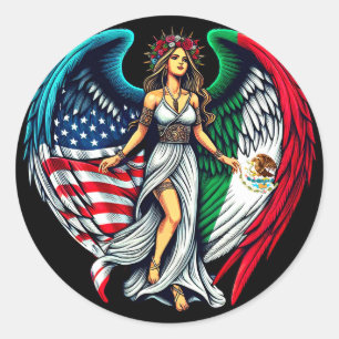 Sticker Rond Ange drapeau américain et mexicain woMan Art patri