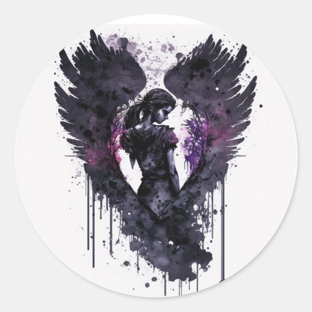 Sticker Rond Ange foncé Valentine avec ailes foncées (Devant)