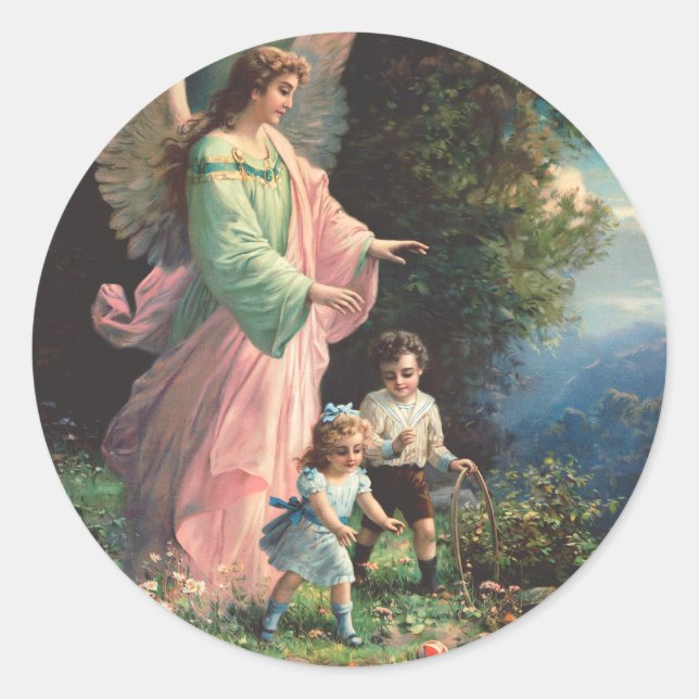 Sticker Rond Ange gardien protégeant des enfants près d'une cor (Devant)