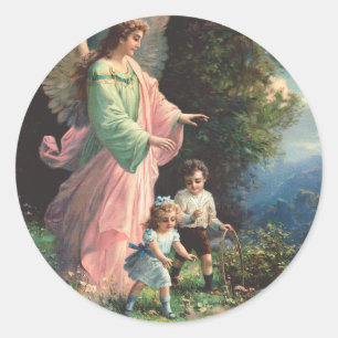 Sticker Rond Ange gardien protégeant des enfants près d'une cor