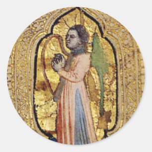 Sticker Rond Ange Médiéval Avec Harpe Gold Renaissance Italienn