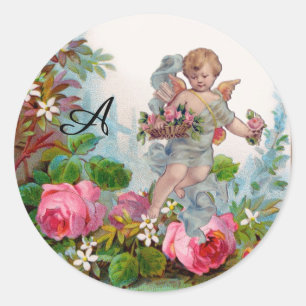 STICKER ROND ANGE ROMANTIQUE RASSEMBLANT ROSES ET FLEURS ROSES