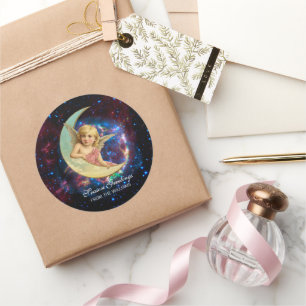 Sticker Rond Ange sucré vintage sur la Lune Noël