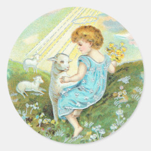 Sticker Rond Ange Vintage Avec Agneaux