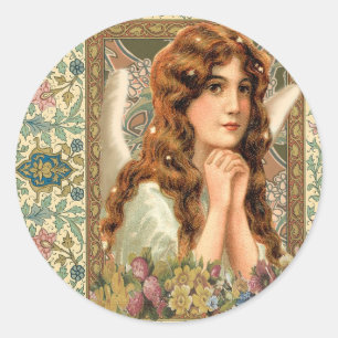 Sticker Rond Ange Vintage avec Fleurs
