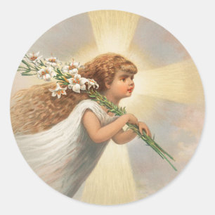 Sticker Rond Angel dans le ciel tenant des lys sur son épaule